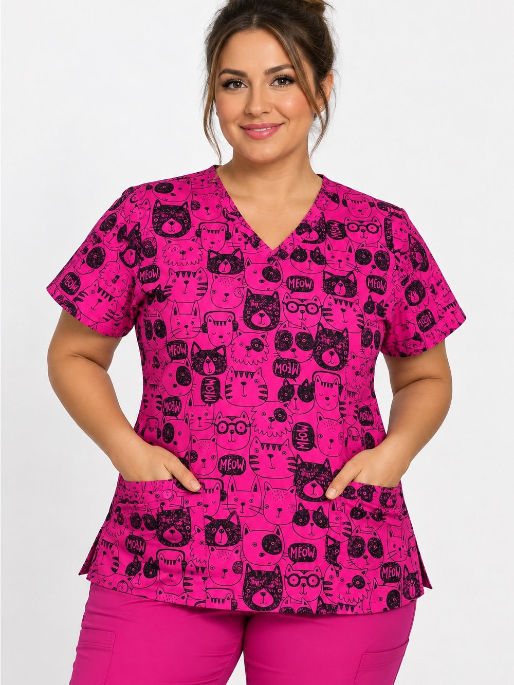Women’s Medium Butter-Soft Cat Print Scrub Top